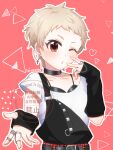  1girl arm_warmers artist_name black_arm_warmers black_bra blonde_hair blush bra brown_eyes closed_mouth collarbone commentary_request ear_piercing earrings eyelashes fingernails heart highres idolmaster idolmaster_cinderella_girls jewelry laicoema multiple_rings one_eye_closed outline piercing pink_background pixie_cut reaching reaching_towards_viewer ring senzaki_ema shirt short_hair short_sleeves single_strap solo triangle underwear upper_body very_short_hair white_outline white_shirt 