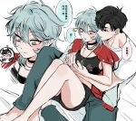  1boy 1girl absurdres alien_stage aqua_eyes black_choker black_hair black_shorts borrowed_clothes chinese_commentary chinese_text choker commentary_request genderswap genderswap_(mtf) genderswap_on_non-genderswap goman1010 grey_hair grey_pants hetero highres ivan_(alien_stage) jewelry necklace pants red_pupils shirt shorts sitting sitting_on_lap sitting_on_person till_(alien_stage) traditional_chinese_text translated white_shirt 