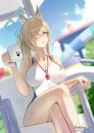  1girl absurdres animal_ears bare_arms bare_legs bare_shoulders blonde_hair blue_archive blue_eyes blue_halo blush breasts clenched_hand coffee_mug commentary crossed_legs cup dog_ears dog_girl fake_animal_ears hair_over_one_eye halo highres hinato_(hinato_25) holding holding_cup kanna_(blue_archive) kanna_(swimsuit)_(blue_archive) large_breasts mug official_alternate_hairstyle one-piece_swimsuit outdoors ponytail sharp_teeth sigh sitting sky solo swimsuit teeth whistle whistle_around_neck white_one-piece_swimsuit 