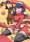  1boy 1girl absurdres animal_costume between_legs black_thighhighs blue_eyes blush boku_no_kokoro_no_yabai_yatsu bow bright_pupils brown_eyes brown_hair christmas commentary_request cropped_shirt empty_eyes fur-trimmed_headwear fur-trimmed_shirt fur-trimmed_skirt fur-trimmed_sleeves fur_trim gingerbread_cookie hand_between_own_legs hat highres ichikawa_kyoutarou long_sleeves mini_person miniboy nogitarou red_bow red_hat red_scarf red_skirt reindeer_costume santa_costume santa_hat scarf shirt sitting size_difference skirt teeth thighhighs twitter_username upper_teeth_only wariza white_pupils yamada_anna yellow_background 
