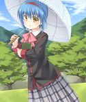  bad_id bad_pixiv_id blue_hair book brown_eyes hairband holding little_busters! nishizono_mio plaid plaid_skirt satou_aoi scenery school_uniform short_hair skirt tree umbrella 