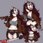  1girl ahoge antenna_hair axe belt blood breasts cleavage collarbone cosplay friday_the_13th gloves hair_over_one_eye highres hockey_mask holding jacket jason_voorhees jason_voorhees_(cosplay) large_breasts long_hair mask mask_on_head mizzu_(mizzuiita) mizzuiita navel original pants red_hair scar scar_on_chest scar_on_stomach scar_on_thigh shirt simple_background smile solo torn_clothes torn_jacket torn_pants torn_shirt very_long_hair weapon yellow_eyes 