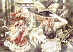  2girls absurdres apron ascot back_bow black_skirt black_vest blonde_hair bow braid brown_eyes brown_hair detached_sleeves frilled_bow frilled_hair_tubes frills gohei hair_bow hair_tubes hakurei_reimu hat hat_bow highres holding holding_gohei kirisame_marisa long_hair making-of_available multiple_girls open_mouth outdoors procreate_(medium) red_bow red_skirt ribbon-trimmed_sleeves ribbon_trim side_braid single_braid skirt skirt_set smile stone_lantern tan_xiao_ye torii touhou tree vest waist_apron white_apron white_bow witch_hat yellow_ascot yellow_eyes 