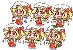  6+girls ascot asymmetrical_wings blonde_hair blue_wings bow chibi chibi_only clone collared_shirt commentary_request crystal crystal_wings drooling flandre_scarlet four_of_a_kind_(touhou) futatsuiwa_mamizou glasses hat hat_bow highres houjuu_nue leaf leaf_on_head mob_cap mouth_drool multicolored_wings multiple_girls one_side_up open_mouth pince-nez raccoon_girl raccoon_tail red_bow red_eyes red_skirt red_vest red_wings shirt shitacemayo simple_background skirt skirt_set smile tail touhou transformation vest white_background white_hat white_shirt wings yellow_ascot 