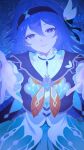  1girl alternate_costume black_hairband black_ribbon blue_eyes blue_hair brand_of_the_exalt closed_mouth commentary cosplay english_commentary fire_emblem fire_emblem_awakening firefly_(honkai:_star_rail) firefly_(honkai:_star_rail)_(cosplay) hair_between_eyes hair_intakes hair_ribbon hairband highres honkai:_star_rail honkai_(series) long_hair long_sleeves looking_at_viewer lucina_(fire_emblem) outstretched_arms reaching reaching_towards_viewer ribbon shirt smile solo symbol_in_eye upper_body white_shirt yuyu25_215 