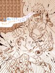  1other 2boys afterimage beamed_eighth_notes beamed_sixteenth_notes blood blood_from_mouth blood_on_face cioccolata cleavage_cutout clothing_cutout commentary_request eighth_note emphasis_lines facial_mark giorno_giovanna gold_experience green_day_(stand) jojo_no_kimyou_na_bouken male_focus multiple_boys musical_note open_mouth punching quarter_note scene_reference sepia touyama_maki translation_request vento_aureo 