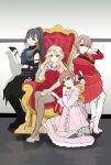  36c_u.b.u_(idolmaster) 4girls ahoge amaya_tsubame arimura_mao black_gloves black_hair black_shirt black_shoes blonde_hair blue_eyes blush boots braid braided_bangs brown_hair chair commentary_request dress earrings epaulettes gakuen_idolmaster gloves goslingwallows high_heels highres himesaki_rinami idolmaster jewelry juo_sena leaning_on_object looking_at_viewer mite_(idolmaster) multiple_girls on_chair photo-referenced pink_dress pink_hair ponytail purple_eyes red_dress rironbusou_shite_(idolmaster) see-through_clothes see-through_skirt sekirara_(idolmaster) shirt shoes single_epaulette sitting skirt smile standing thigh_boots white_background white_boots white_shoes 