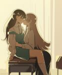  2girls black_skirt blue_dress blush brown_hair closed_eyes collared_shirt commentary_request desk dress indoors kinsei_3 kiss long_hair multiple_girls on_desk original pinafore_dress school_desk school_uniform shirt skirt sleeveless sleeveless_dress teacher_and_student white_shirt yuri 