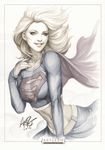  2012 cape dc_comics long_sleeves marker_(medium) midriff muted_color navel signature skirt smile solo stanley_lau supergirl superhero traditional_media wind 