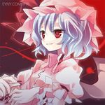  bad_id bad_pixiv_id blue_hair blush grin hanepochi hat lowres nail_polish red_eyes remilia_scarlet short_hair smile solo touhou 