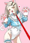  1girl animal_ears animal_hands blonde_hair blush cameltoe cat_ears cat_tail covered_navel fake_animal_ears fake_tail frilled_leotard frills gakuen_idolmaster gloves heart highleg highleg_leotard highres idolmaster leash leotard leotard_under_clothes mitsumi_neguchi open_mouth paw_gloves pink_background shinosawa_hiro solo spoken_heart tail thick_eyelashes white_leotard 
