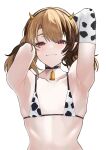  1girl absurdres animal_print armpits arms_up bell cow_horns cow_print cowbell flat_chest gigi_murin highres hololive hololive_english horns multicolored_hair petite pointy_ears red_eyes ribs si_farid stomach white_background 