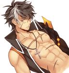  bad_id bad_pixiv_id black_hair cross cross_necklace elsword jewelry limble male_focus multicolored_hair muscle necklace nipples raven_(elsword) reckless_fist_(elsword) scar shirtless solo streaked_hair two-tone_hair vest white_background white_hair yellow_eyes 