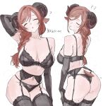  1girl ? ?? absurdres animal_ear_earrings animal_ears arm_behind_head armpits ass back black_garter_belt black_gloves black_panties black_thighhighs blush braid breasts brown_hair closed_eyes commentary_request elbow_gloves facing_viewer garter_belt garter_straps gloves hair_over_shoulder highres horns jewelry large_breasts linea_alba long_hair mature_female median_furrow mole mole_on_armpit mole_on_ass mole_on_back mole_on_breast mole_on_stomach mole_on_thigh mole_under_mouth multiple_moles multiple_views navel original panties parted_lips piercing plamja_jukov ring sheep_ears sheep_girl sheep_horns sheep_tail shoulder_blades simple_background single_braid skindentation stomach tail thighhighs thong translated underwear wedding_ring white_background 
