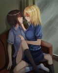  2girls after_kiss black_skirt black_socks blonde_hair blue_shirt blue_skirt breasts brown_eyes brown_hair collared_shirt commentary_request couch eye_contact face-to-face fumei_(mugendai) grabbing_another's_chin hand_on_another's_chest hand_on_another's_chin hand_rest indoors long_hair looking_at_another maribel_hearn missing_headwear multiple_girls neo-traditionalism_of_japan on_couch purple_eyes rain ribbon-trimmed_collar ribbon-trimmed_shirt ribbon-trimmed_sleeves ribbon_trim saliva saliva_trail shirt short_hair short_sleeves sideways_mouth sitting skirt socks sweat touhou usami_renko wariza white_socks window yuri 