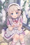  1girl apron bat_hair_ornament blue_eyes brown_hair character_name collared_dress dress fang feet_out_of_frame flower frilled_apron frills hair_ornament happy_birthday heart heart_hands highres little_busters! long_hair looking_at_viewer maid maid_apron maid_headdress maruma_(maruma_gic) noumi_kudryavka parted_lips puffy_short_sleeves puffy_sleeves purple_dress short_sleeves sitting socks solo striped_clothes striped_socks tile_floor tiles translation_request white_apron yellow_flower 