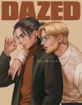  2boys arm_at_side arm_on_another's_shoulder artist_name beard black_pants black_shirt blonde_hair blue_eyes brown_background closed_mouth collared_shirt cover cover_page curled_fingers earrings english_commentary eren_yeager facial_hair fake_cover fake_magazine_cover film_grain finger_to_face floral_print floral_print_shirt from_side full_beard green_eyes grey-framed_eyewear hair_pulled_back half-siblings half_up_bun head_on_another's_shoulder jewelry karmen_loh long_sleeves looking_to_the_side loose_hair_strand magazine_cover male_focus medium_hair multiple_boys open_clothes open_shirt orange_shirt pants parted_bangs parted_hair print_shirt profile round_eyewear shingeki_no_kyojin shirt shirt_under_shirt short_hair siblings stud_earrings turtleneck white_shirt zeke_yeager 