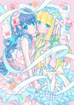  2girls absurdres black_hair blonde_hair blue_dress blue_eyes blue_hairband blunt_bangs blunt_sidelocks blush border bow braid cherry closed_mouth commentary cowboy_shot dress food fruit grid_background hair_bow hairband hand_up highres hiro046k ice_cream ice_cream_float long_hair looking_at_viewer multiple_girls original outside_border pink_border pink_bow ribbon sidelocks signature sleeveless sleeveless_dress white_background white_ribbon 