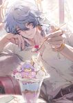  1boy alternate_costume belt belt_buckle black_belt blue_pupils bracelet buckle character-themed_food cherry collared_shirt commentary corrupted_twitter_file cup daro_(dar0o0rab) drinking_glass earrings feathered_wings feeding_viewer food fruit gold_bracelet gold_earrings grey_hair grey_pants hair_between_eyes halo halo_behind_head hand_up head_rest head_wings highres holding holding_spoon honkai:_star_rail honkai_(series) jewelry key looking_at_viewer lower_teeth_only male_focus medium_hair pants parfait parted_lips piercing ring robin_(honkai:_star_rail) shirt sitting solo spiked_halo spoon sunday_(honkai:_star_rail) teeth twitter_username whipped_cream white_shirt white_wings wing_piercing wings yellow_eyes 