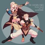  1boy 1girl ahoge armpits black_boots blonde_hair bodystocking book boots breasts bridal_gauntlets cape circlet cleavage commentary english_commentary faithom father_and_child father_and_daughter fingerless_gloves fire_emblem fire_emblem_awakening fire_emblem_fates full_body fur-trimmed_sleeves fur_trim gloves gold_cape green_background grey_background grey_eyes highres hip_armor holding holding_book holding_sword holding_weapon long_hair looking_at_viewer medium_breasts open-toe_shoes ophelia_(fire_emblem) outstretched_arm owain_(fire_emblem) panties parent_and_child short_hair short_sleeves smile sword thighs underwear weapon yellow_panties 