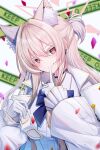 1girl absurdres akira_(blue_archive) animal_ears blue_archive blue_bow blue_bowtie blue_choker blurry blurry_background bow bowtie cat_ears cat_girl caution_tape choker commentary_request extra_ears eye_mask finger_to_mouth frilled_sleeves frills half_updo halo highres holding holding_mask long_hair long_sleeves looking_at_viewer mask pink_hair shiroyu shirt shushing smile solo unworn_eyewear white_shirt 