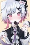  1girl absurdres animal_ears beret black_choker black_coat black_hat choker coat collared_coat commentary_request dog_ears flower flower-trimmed_sleeves gradient_hair hair_flower hair_ornament hat hat_flower hat_ribbon highres kemonomimi_mode leash long_sleeves looking_at_viewer mahou_shoujo_no_majo_saiban multicolored_hair neck_ribbon paw_pose pink_eyes pink_hair puffy_sleeves pusuttona ribbon sakuraba_ema shirt short_hair simple_background sleeveless sleeveless_coat solo upper_body white_flower white_hair white_ribbon white_shirt white_sleeves x_hair_ornament yellow_background 