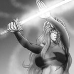  1girl bleach breasts commentary english_commentary facial_mark fighting_stance glowing glowing_sword glowing_weapon greyscale hand_shadow_covering_breasts_(meme) hand_to_blade highres holding holding_sword holding_weapon ivizard large_breasts lips long_hair meme monochrome nelliel_tu_odelschwanck outstretched_arms parted_lips shadow shirt sideways_glance skull_on_head solo sword torn_clothes torn_shirt tsuba_(guard) upper_body very_long_hair weapon 