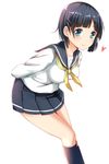  arms_behind_back black_hair blue_eyes blush kirigaya_suguha ok-ray school_uniform serafuku short_hair simple_background skirt smile solo sword_art_online white_background 