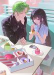  1boy 1girl absurdres ahoge black_hair black_shirt blue_shirt cake cake_slice cherry donut eating food fork fruit green_hair grey_eyes grey_skirt hair_ornament hairclip hand_on_own_face hetero highres holding holding_fork holding_plate indoors ipod long_hair mosory mp3_player original plate pudding shirt short_hair sitting skirt socks table upper_body white_socks yellow_eyes 