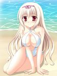  arm_support beach blonde_hair blush breasts casual_one-piece_swimsuit cleavage cleavage_cutout hairband highres large_breasts long_hair looking_at_viewer nora_(otome70121) one-piece_swimsuit original pink_hairband red_eyes smile solo swimsuit 