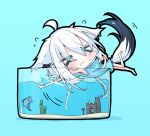  >_< 1girl afterimage ahoge animal_ears arrow_(symbol) barefoot black_outline black_shorts blue_background blue_shirt blush castle chibi chibi_only closed_eyes commentary_request facing_viewer fish fish_tank flying_sweatdrops fox_ears fox_girl fox_tail from_side full_body hiding highres hololive ikamoworkshop leg_up motion_lines outline reaching scared seaweed shirakami_fubuki shirt shorts simple_background solo splashing tail trembling virtual_youtuber water 