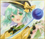  1girl artist_name black_hat blush bow buttons collared_shirt diamond_button disembodied_linked_eye eyeball frilled_shirt_collar frilled_sleeves frills green_eyes green_hair hat hat_bow highres komeiji_koishi long_sleeves looking_at_viewer open_mouth shikishi shirt smile solo touhou traditional_media upper_body wide_sleeves yellow_bow yellow_shirt yuzugoori 