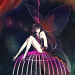 accel_world antenna_hair bare_shoulders black_hair bug butterfly butterfly_wings cage dress elbow_gloves frills gloves insect kuroyukihime long_hair long_legs looking_at_viewer noritamako orange_eyes sitting solo wings 