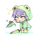  1boy animal_hood awestruck blue_streaks blush boots chibi chibi_only chromatic_aberration closed_umbrella frog_hood green_raincoat hands_on_own_knees hood hood_up jj_goodjob kamishiro_rui layered_sleeves leaf leaning_forward long_sleeves looking_at_animal male_focus multicolored_hair open_mouth project_sekai purple_hair raincoat rubber_boots short_hair simple_background snail solo sparkle streaked_hair umbrella water_drop white_background yellow_boots yellow_eyes yellow_umbrella 