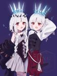  1boy 1girl bare_shoulders black_dress black_jacket black_shirt blush braid breasts colored_inner_hair commentary crown dress dual_persona fate/grand_order fate_(series) francesca_prelati_(fate) francesca_prelati_(third_ascension)_(fate) francois_prelati_(fate) francois_prelati_(third_ascension)_(fate) grand_servant_(fate/grand_order) grey_dress grey_hair head_spikes highres jacket long_hair long_sleeves looking_at_viewer multicolored_hair off_shoulder open_mouth parted_bangs puffy_shorts red_eyes red_shorts ringed_eyes shirt short_hair shorts small_breasts smile stomach_mouth teeth twin_braids two-tone_dress white_hair white_shirt zuika_(zui_13) 