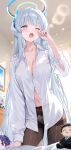  1girl absurdres arm_support black_pantyhose blue_archive blue_nails blurry blush breasts buttons ceiling character_doll cleavage collarbone collared_shirt commentary_request dasiu depth_of_field doll hair_intakes halo highres indoors kneeling large_breasts leaning_forward lens_flare light_particles long_hair long_sleeves looking_at_another mechanical_halo multicolored_halo nail_polish navel noa_(blue_archive) one_eye_closed open_mouth panties panties_under_pantyhose pantyhose partially_open_shirt picture_frame purple_eyes sensei_(blue_archive) shirt sidelocks sleeve_cuffs solo tearing_up teeth thighband_pantyhose thighs two-tone_halo underwear upper_teeth_only very_long_hair white_hair white_panties white_shirt window yuuka_(blue_archive) 
