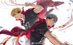  2boys blonde_hair brothers brown_eyes chinese_commentary closed_mouth commentary_request grey_hair haikyuu!! highres inarizaki_volleyball_uniform jacket jacket_on_shoulders male_focus miya_atsumu miya_osamu multicolored_hair multiple_boys red_jacket short_hair siblings sideburns simple_background sportswear track_jacket twins two-tone_hair undercut upper_body volleyball_uniform watermark weibo_username weibo_watermark white_background yuan_jessie0430 