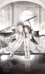  2girls :d absurdres alternate_costume black_hair bonnet bow_hairband brown_eyes brown_hair commentary couch gakuen_idolmaster gloves grand_piano grey_shoes hair_ornament hairband hairclip highres idolmaster instrument kneehighs knees_up kuramoto_china lolita_fashion long_hair looking_at_viewer misumigumi multiple_girls open_mouth piano reflective_floor shinosawa_hiro shoes smile socks white_bonnet white_gloves white_hairband white_socks window 