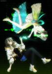 2girls aqua_bow aqua_dress back_bow black_pantyhose blue_shoes boots bow breasts brown_hair closed_eyes commentary cropped_jacket damgomway detached_sleeves dress dual_persona final_fantasy final_fantasy_xiv floating green_eyes hair_between_eyes highres jacket medium_breasts medium_hair multicolored_dress multiple_girls pantyhose shoes shorts sphene_(ff14) tiara twitter_username white_boots white_jacket yellow_dress yellow_shorts 