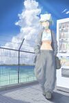  1girl ahoge animal_ear_headwear bag barbed_wire baseball_cap blue_sky cardigan closed_mouth cloud commentary_request crop_top cropped_shirt day expressionless fence full_body grey_bag grey_cardigan grey_hair grey_pants grey_shoes hands_in_pockets hat highres hiiragi_cream jewelry looking_to_the_side midriff navel necklace ocean open_cardigan open_clothes original panties pants shirt shoes short_hair shoulder_bag sky solo standing summer turning_head underwear vending_machine walking white_hat white_panties white_shirt yellow_eyes 