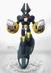 1boy absurdres armor armored_boots belt body_armor bodysuit boots chest_jewel clenched_hands codpiece commentary dust floating forehead_jewel full_body gauntlets gloves helmet high_max_(mega_man) highres knee_armor looking_at_viewer mechanical_ears mega_man_(series) mega_man_x6 mega_man_x_(series) shoulder_armor signature simple_background white_background white_eyes zabelinex 