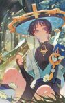  1boy absurdres anemo_symbol_(genshin_impact) arm_at_side armor belt bishounen black_belt black_bodysuit black_bow black_bridal_gauntlets black_hair black_shorts blue_cape blue_gem blue_hat blue_jingasa blue_kimono blue_rope blue_sash blue_sleeves blunt_ends bodysuit bow bridal_gauntlets building cape colored_inner_hair commentary_request eyelashes eyeliner falling_flower falling_petals feathers fingernails flower furisode gem genshin_impact gold gold_ring gold_trim green_petals hand_up hat highres holding holding_flower itou_(very_ito) japanese_armor japanese_clothes jingasa juban kimono kote kurokote layered_sleeves leg_warmers looking_up makeup male_focus mandala mandarin_collar middle_ring multicolored_hair open_clothes open_kimono outdoors parted_lips petals pom_pom_(clothes) purple_eyes purple_hair purple_rope red_eyeliner rope sash scaramouche_(genshin_impact) short_sleeves shorts shoulder_peek side_cape sitting solo sumeru_city tree tsurime wanderer_(genshin_impact) white_flower white_kimono white_leg_warmers white_mouth white_petals white_sleeves wispy_bangs yellow_feathers yellow_petals 
