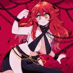  1girl ahoge antenna_hair black_loincloth blush breasts chain chain_leash chained cleavage collar collarbone commentary criss-cross_halter gold_chain halterneck large_breasts leash loincloth long_hair mizzu_(mizzuiita) mizzuiita navel original red_hair restrained simple_background sling_bikini_top solo spanish_commentary tearing_up tears teeth very_long_hair yellow_eyes 