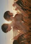  1boy 1girl absurdres back-to-back backlighting black_hair black_pants blue_sky blurry blurry_foreground bow bowtie brown_sweater_vest collared_shirt commentary_request drawing_(object) dry_grass dusk feet_out_of_frame fingernails from_side grass headphones highres holding holding_sketchbook knees_up light_particles long_sleeves looking_at_object looking_down loose_necktie nail_polish necktie on_ground original outdoors pants parted_lips pink_nails pressed_flower profile red_bow red_bowtie red_necktie ryane_(yry_0) shirt short_hair sideways sitting sketchbook sky sleeves_pushed_up smile sweater_vest three-quarter_sleeves translation_request white_shirt 