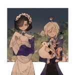  2girls animal animal_on_head animal_on_shoulder animalization apron bird bird_on_head bird_on_shoulder black_coat black_hair black_ribbon blanket blue_bird border charlie_(reverse:1999) closed_mouth coat cobra_(animal) dress duck egyptian_plover flower grey_eyes grey_hair grey_sky hair_bun hair_over_one_eye highres holding holding_animal holding_blanket kanjira kemeo_(losehope078) looking_at_viewer maid_headdress matilda_bouanich multiple_girls neck_flower neck_ribbon on_head one_eye_covered open_mouth outside_border purple_dress purple_eyes purple_flower rabbit reverse:1999 ribbon satsuki_(reverse:1999) shirt short_hair side-by-side single_side_bun sky smile swaddled tooth_fairy_(reverse:1999) tree tuesday_(reverse:1999) upper_body vertin_(reverse:1999) white_apron white_border white_shirt 