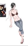  1girl ada_wong bare_shoulders black_hair bra breasts choker cleavage denim full_body grey_pants hair_over_one_eye high_heels jewelry lace lace_bra lace_panties medium_breasts midriff multiple_necklaces necklace open_fly panties pants poooooot30 pumps red_bra red_choker red_lips red_panties red_shoes reference_inset resident_evil shoes short_hair sketch solo underwear white_background 