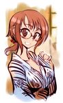  bad_id bad_pixiv_id breasts brown_eyes brown_hair copyright_request glasses kusanagi_tonbo large_breasts long_hair looking_at_viewer smile solo 