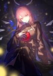  1girl apple arknights black_dress black_jacket commentary crossed_legs detached_wings dress energy_wings feet_out_of_frame food fruit halo highres holding holding_food holding_fruit jacket kuromame_(sirokuji) lemuen_(arknights) long_sleeves looking_at_viewer open_clothes open_jacket pink_eyes pink_hair sitting smile solo traditional_halo white_halo white_wings wings 