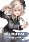  1girl absurdres alternate_hair_length_(shorter) animal_ear_fluff animal_ears aqua_ascot ascot beret black_hat black_nails breasts brooch claw_pose commentary_request double-parted_bangs english_text fang gold_trim grey_eyes grey_hair grey_jacket hair_between_eyes hair_intakes hat highres hololive jacket jewelry lapels large_breasts leaning_forward lion_ears lion_girl lion_tail long_sleeves looking_at_viewer miniskirt nail_polish official_alternate_costume open_mouth pinstripe_jacket pinstripe_pattern pleated_skirt shirt shishiro_botan shishiro_botan_(7th_costume) short_hair short_hair_with_long_locks simple_background skirt sleeve_cuffs smile solo tail tilted_headwear virtual_youtuber white_background white_shirt white_skirt wool1997 