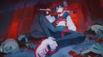  absurdres baseball_bat black_hair black_leggings blood blood_on_clothes blood_on_ground blood_on_weapon blood_splatter blood_stain closed_mouth collar commentary corpse double-parted_bangs drill_hair fingerless_gloves gloves hair_between_eyes havia_318 highres holding holding_baseball_bat jacket kasane_teto legband leggings letterman_jacket metal_baseball_bat midriff multicolored_hair on_floor red_eyes red_gloves red_shirt shirt shoes sitting sneakers synthesizer_v twin_drills two-tone_hair utau weapon window yararara_(synthesizer_v) zombie 
